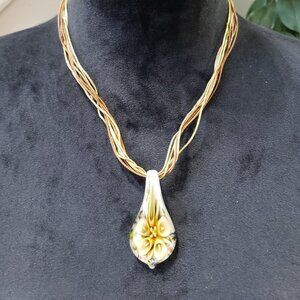 Yellow Blossom Bell Flower Gold White Teardrop Glass Pendant Necklace